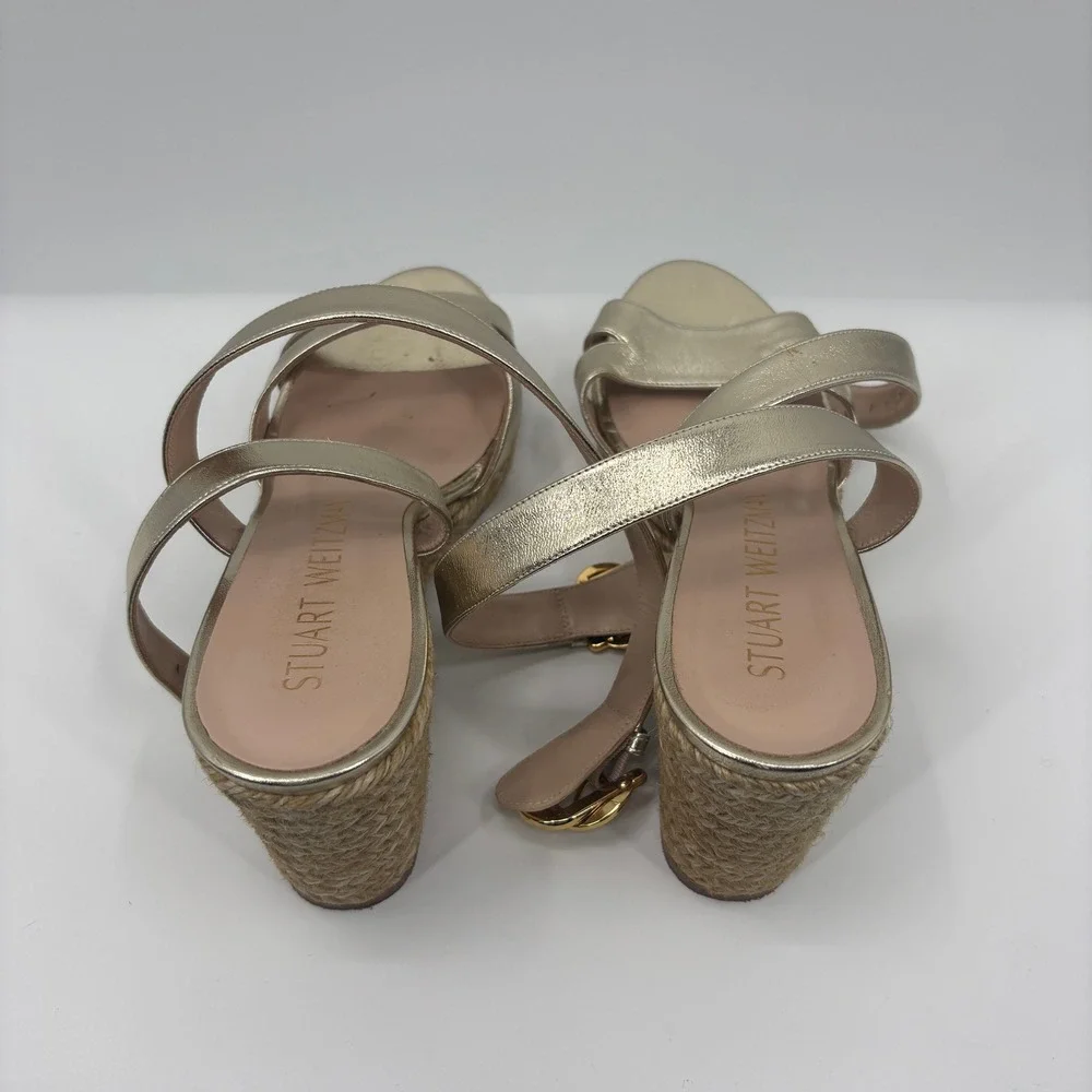 Stuart Weitzman Metallic Gold Leather Espadrille Strappy Wedge Sandals Womens 9